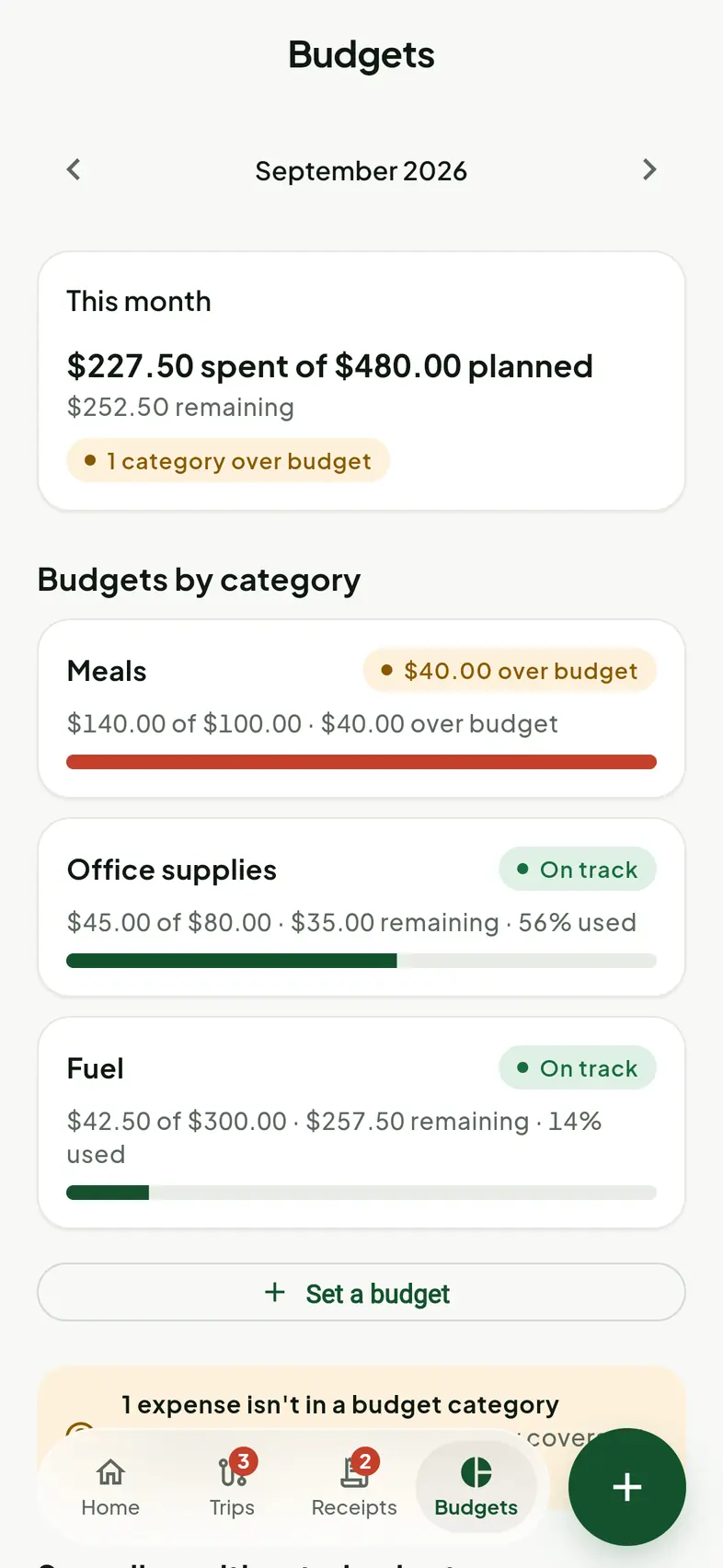 The Budgets tab in Tallypath, showing planned against actual spending