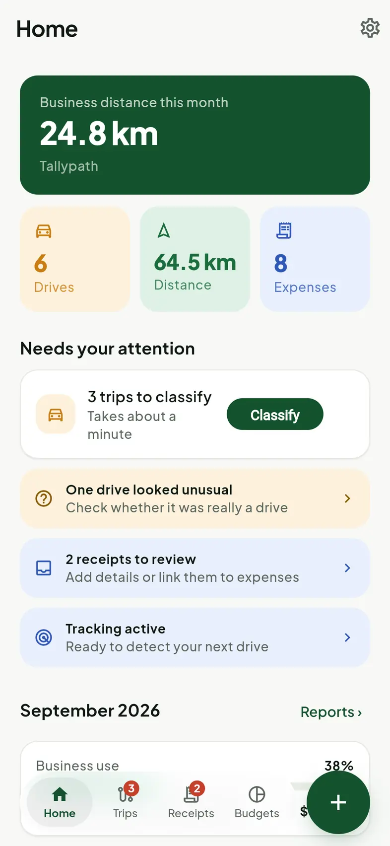 The Tallypath home screen, showing what needs attention