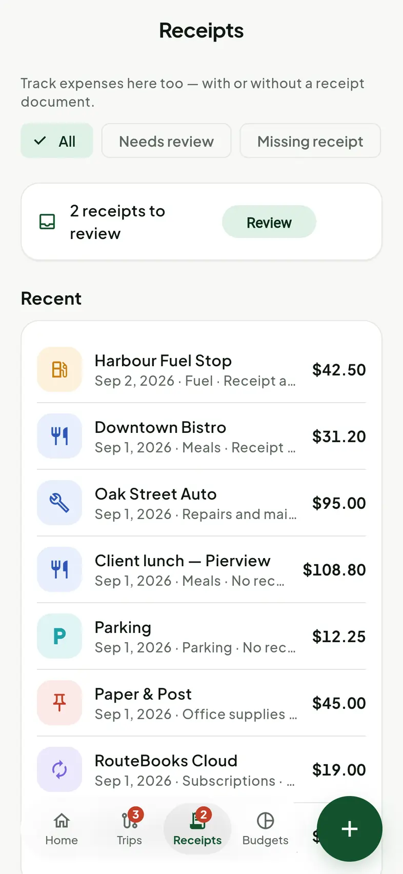 The Receipts tab in Tallypath, showing recent receipts and expenses